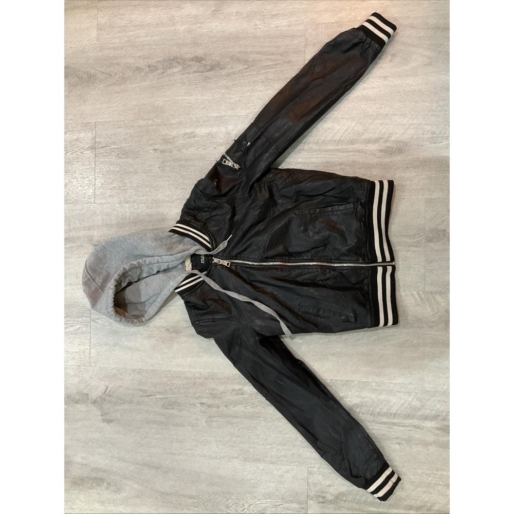 Madden NYC Hooded Faux Leather Jacket with Striped Ribbed Trim Sherpa Medium